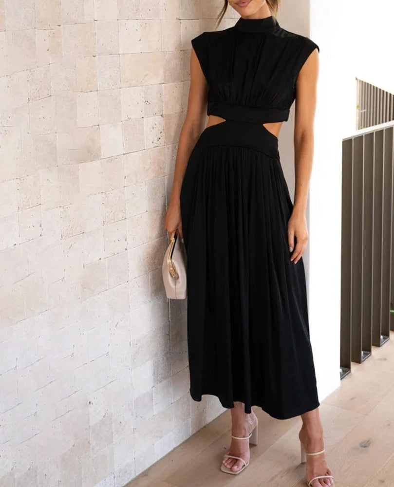 Chic Stand Collar Solid Color Sexy Waist Midi Dress