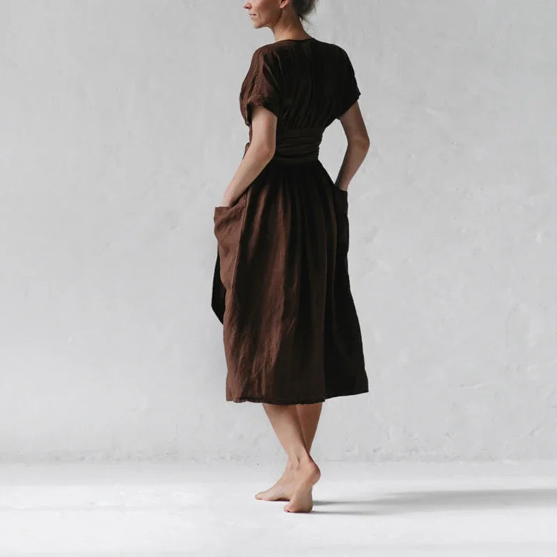 Women's Fashion V Neck Belt High Waist Short Sleeves Cotton- Linen Dress - DUVAL