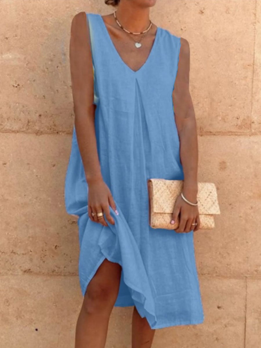 V-Neck Casual Loose Solid Color Sleeveless Midi Dress - DUVAL