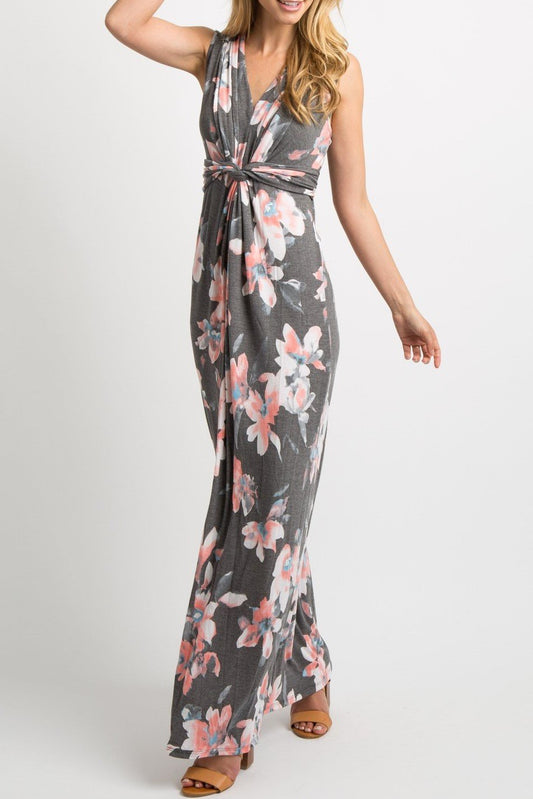 Charcoal Grey Floral Sleeveless Knot Front Maxi Dress - DUVAL