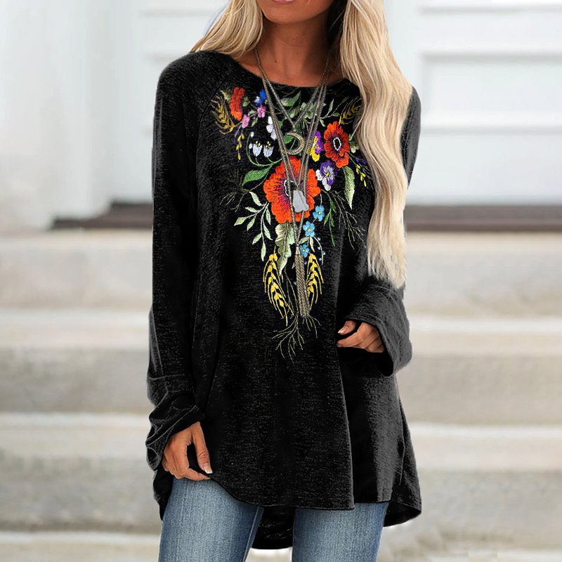 Women's Casual Flower Print Long Graphic Tees