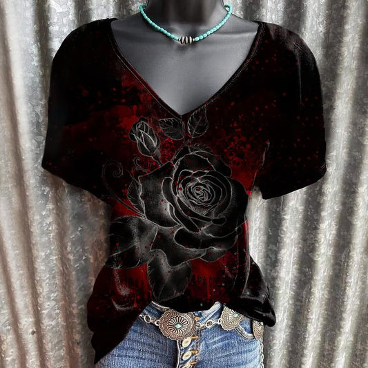 Dark Rose Graphic Women Casual V-Neck Tees Designer - DUVAL