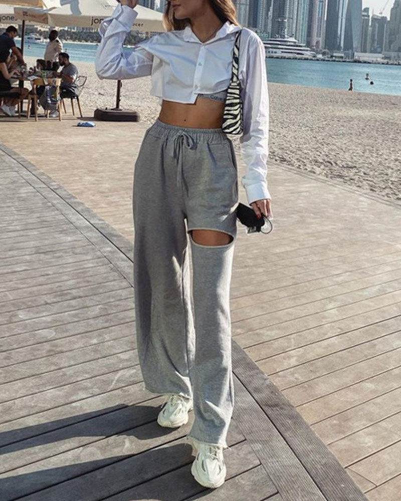 Fashion Ripped Loose Grey Straight Trousers