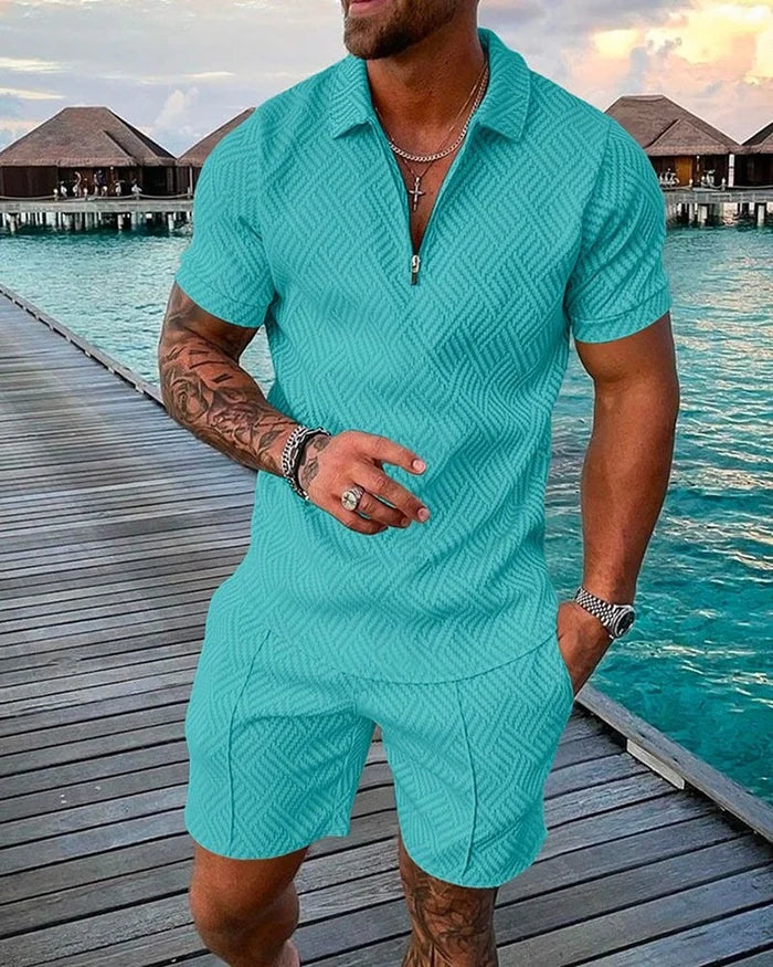 Men's Seaside Casual Lake Water Green Color Printed Polo Suit