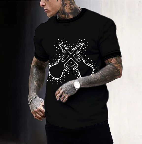 Men's T-shirt Tee Cool Double Guitar Beads Crew Neck Cool Black 3D Print Outdoor Street Short Sleeve Print Clothing Apparel Basic Sports Designer Casual - DUVAL