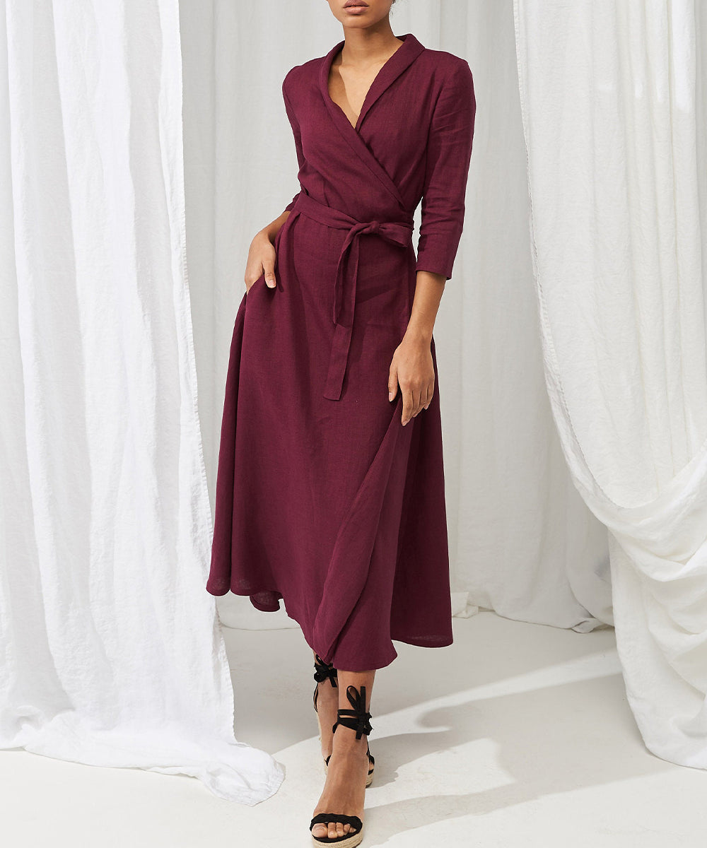 Elegant Linen Lace-Up Midi Dress - DUVAL