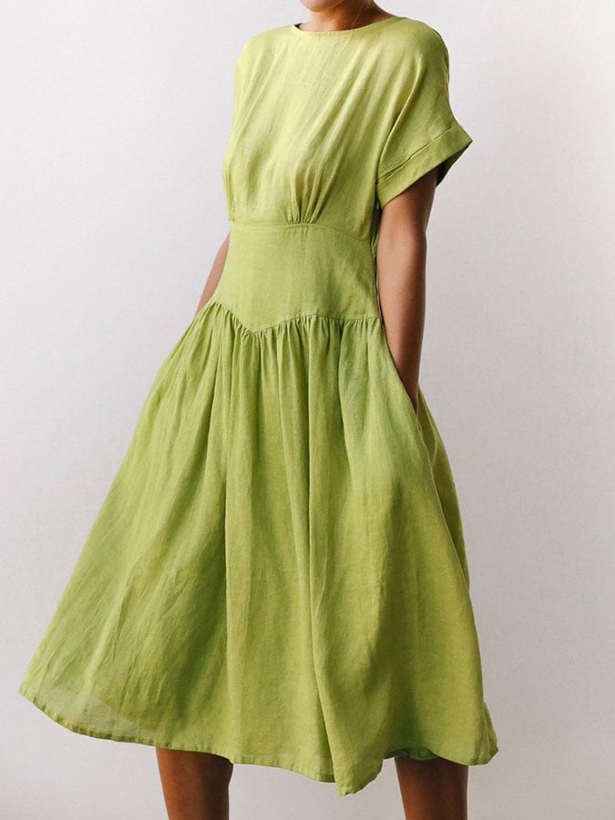 2023 New Linen Grass Green Midi Dress