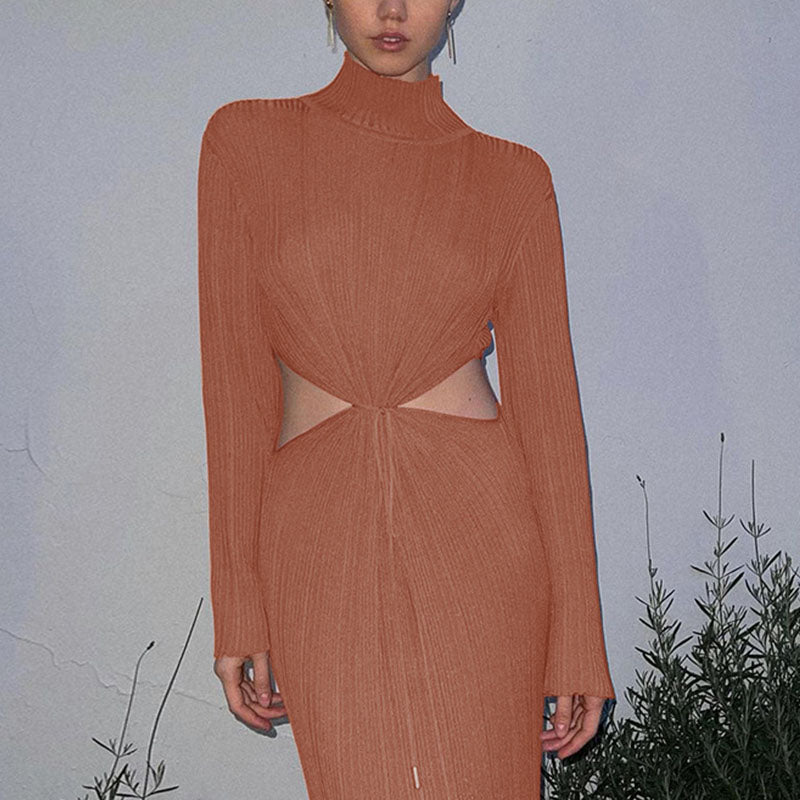 High-Neck Hollow Knit Dress