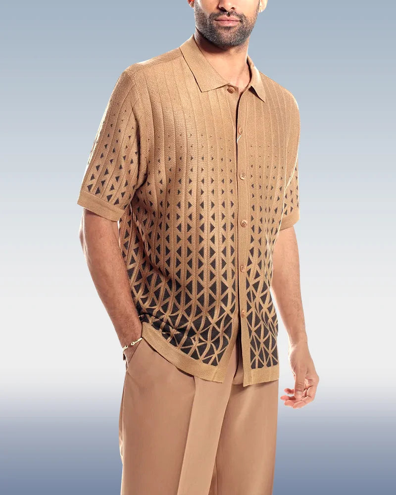 Cafe Criss-Cross Pattern Walking Suit Short Sleeve Set - DUVAL