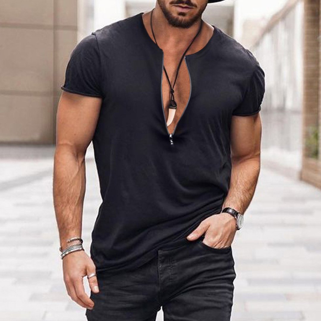 Men's V-Neck Zipper Solid Color Breathable T-Shirt Casual Retro Outdoor Motorcycle Top - DUVAL