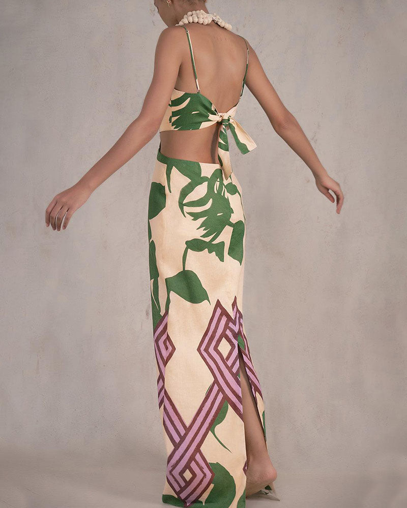 Abstract print suspenders Maxi dress