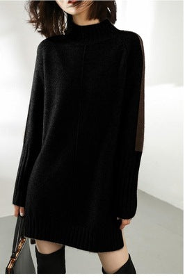 High-neck loose thick color-block knitted dress