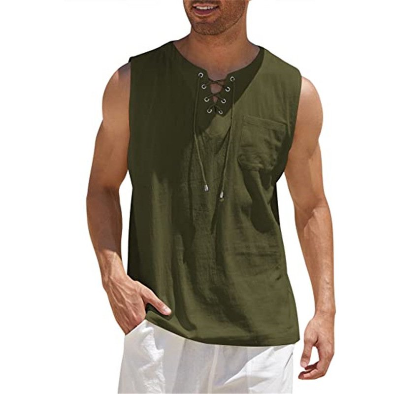 Men's Tank Top Shirt Lace-Up Solid Linen Short Sleeve T-Shirt - DUVAL