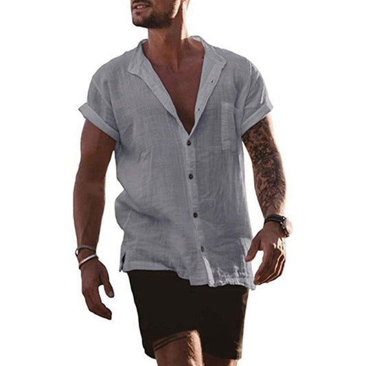Men's Linen Loose Short Sleeve Pocket Simple Casual Shirt - DUVAL