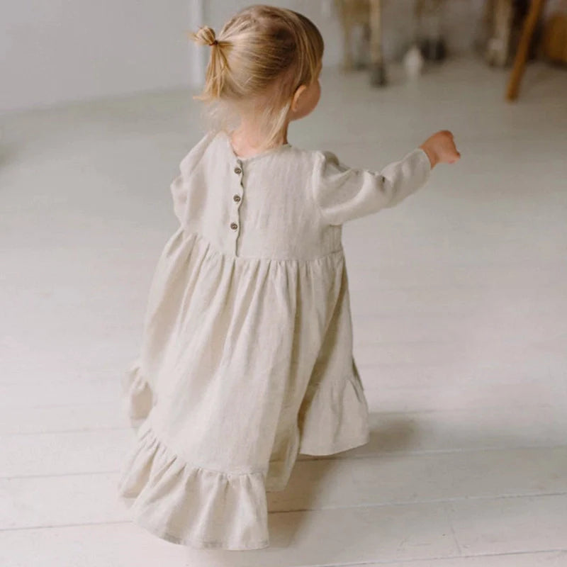 Irregular cotton linen ruffled dress