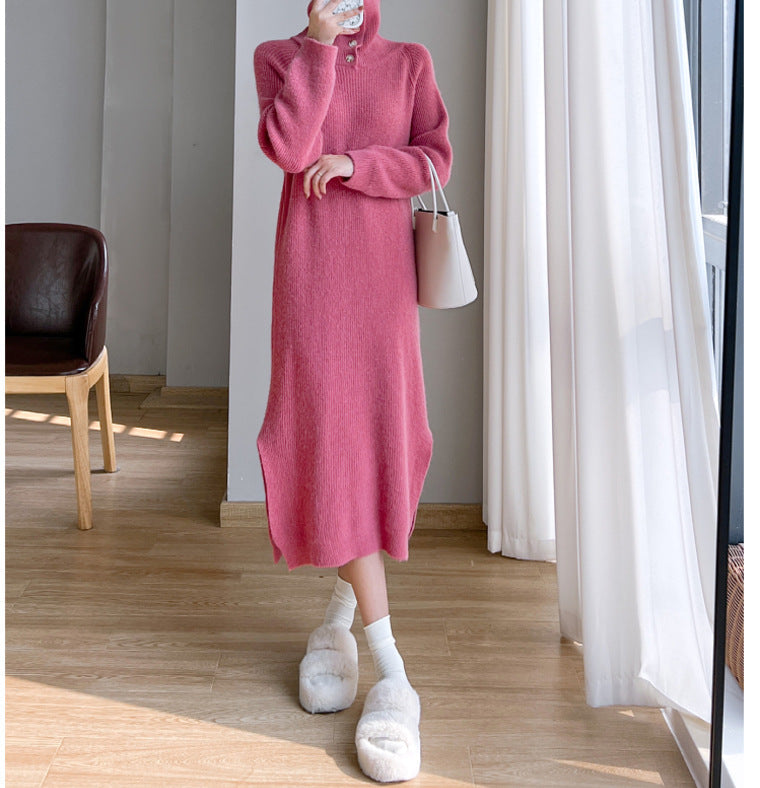 Two-wear autumn and winter loose slit knitted long dress with lapel collar