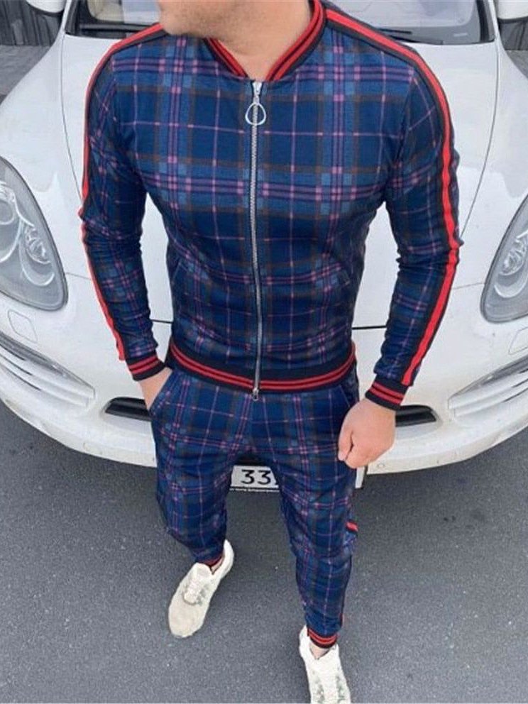 Men's Stylish Casual Blue Checked Print Sports 2 Piece Set - DUVAL