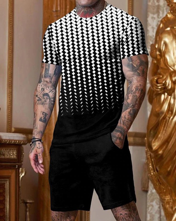 Men's Fashion Black and White Printed Short Sleeve Round Collar Suit