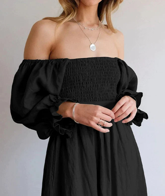 French Ruffled Lantern Sleeves Multi-wear Dress Black