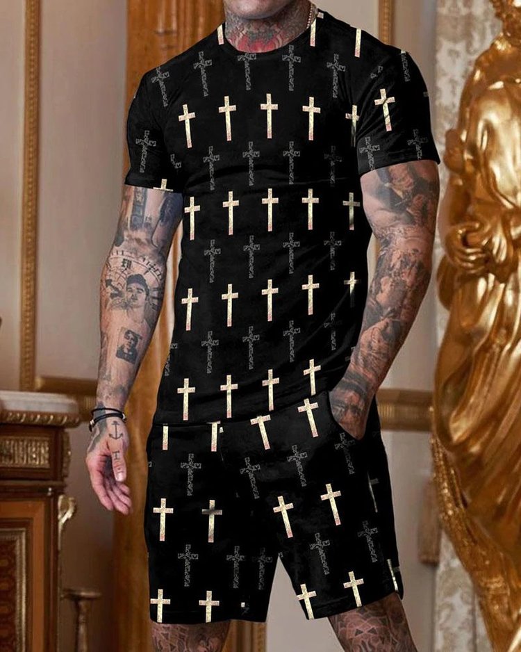 Men's Fashion Black Cross Printed Short Sleeve Round Collar Suit