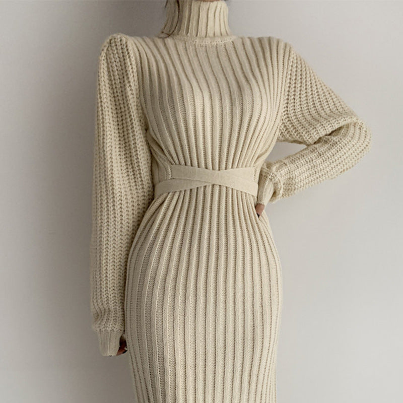 French retro high neck slit bag hip dress