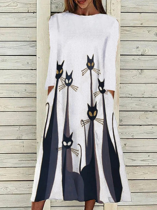 Round Neck Casual Loose Cat Print Long Sleeve Midi Dress - DUVAL