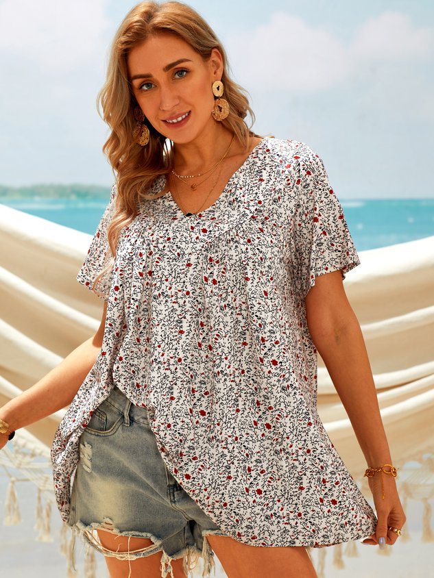 Plus Size Casual V Neck Floral Short Sleeve Tops - DUVAL
