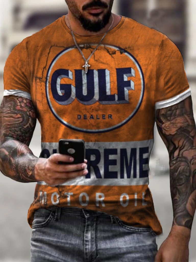 Men's Retro Motorcycle Engine Oil Badge Printed T-shirt - DUVAL