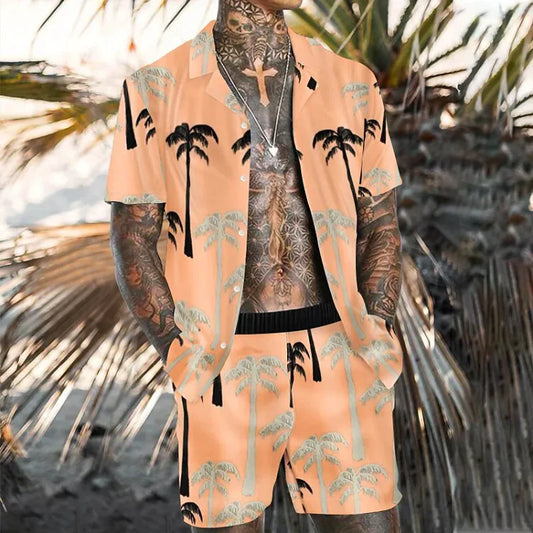 Men's Chic and Casual Orange Coconut Print Beach Suit