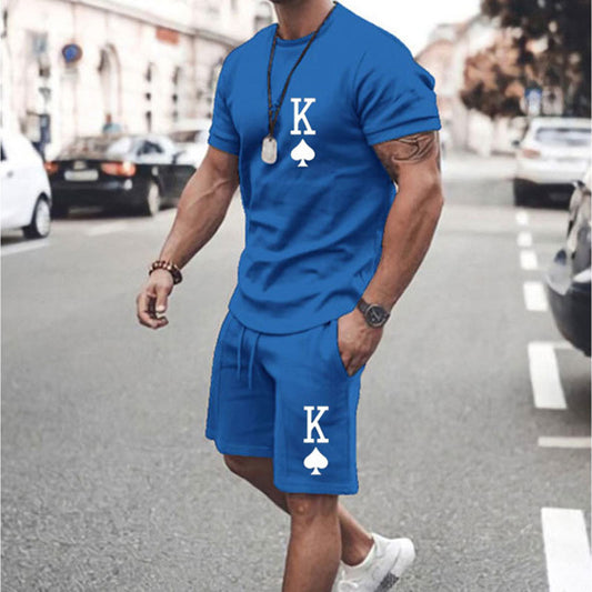 King Solid Blue Sports T-shirt and Shorts Hawaiian Suit