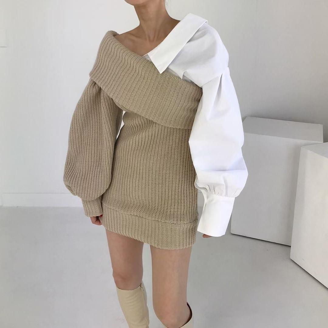 Robe à épaules inclinées en deux pièces, épissure de mode