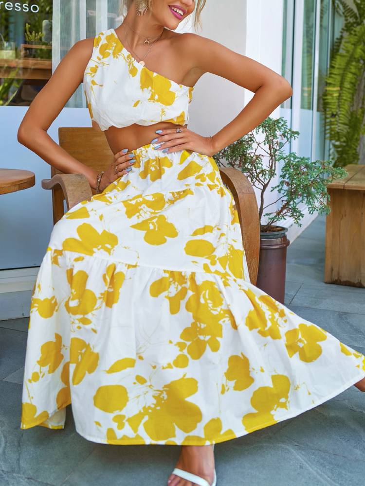 Printed Slanted Shoulder Top And Maxi Skirt Two-piece Set