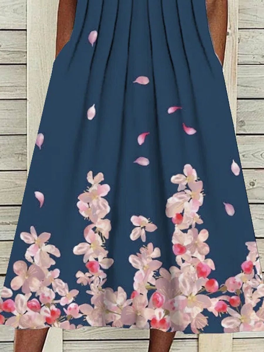 V-Neck Casual Loose Floral Print Sleeveless Midi Dress
