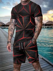 Men's Casual Black and Red Geometric Print Round Collar Suit - DUVAL