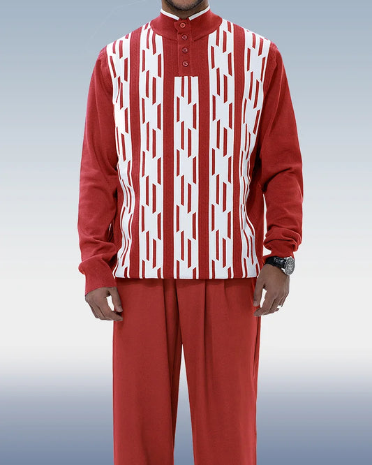 Red Knitted Walking Suit Long Sleeve Suit