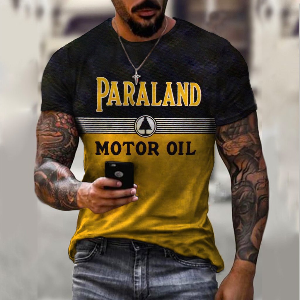 Retro Motor Oil Print Short-Sleeved T-Shirt - DUVAL