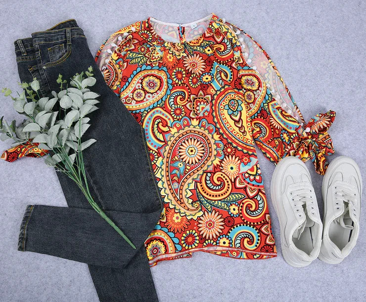 Boho Paisley Print Split Sleeve Round Neck Prairie Top - DUVAL