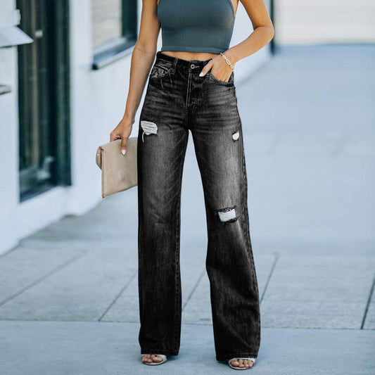 Pantalon large en denim déchiré au tempérament décontracté