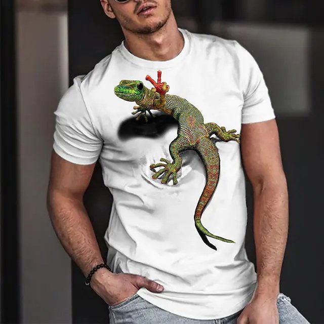 Men's T shirt Tee Tee 3D Print Graphic Lizard Animal Round Neck Casual Daily 3D Print Short Sleeve Tops Designer Fashion Cool Comfortable White - DUVAL