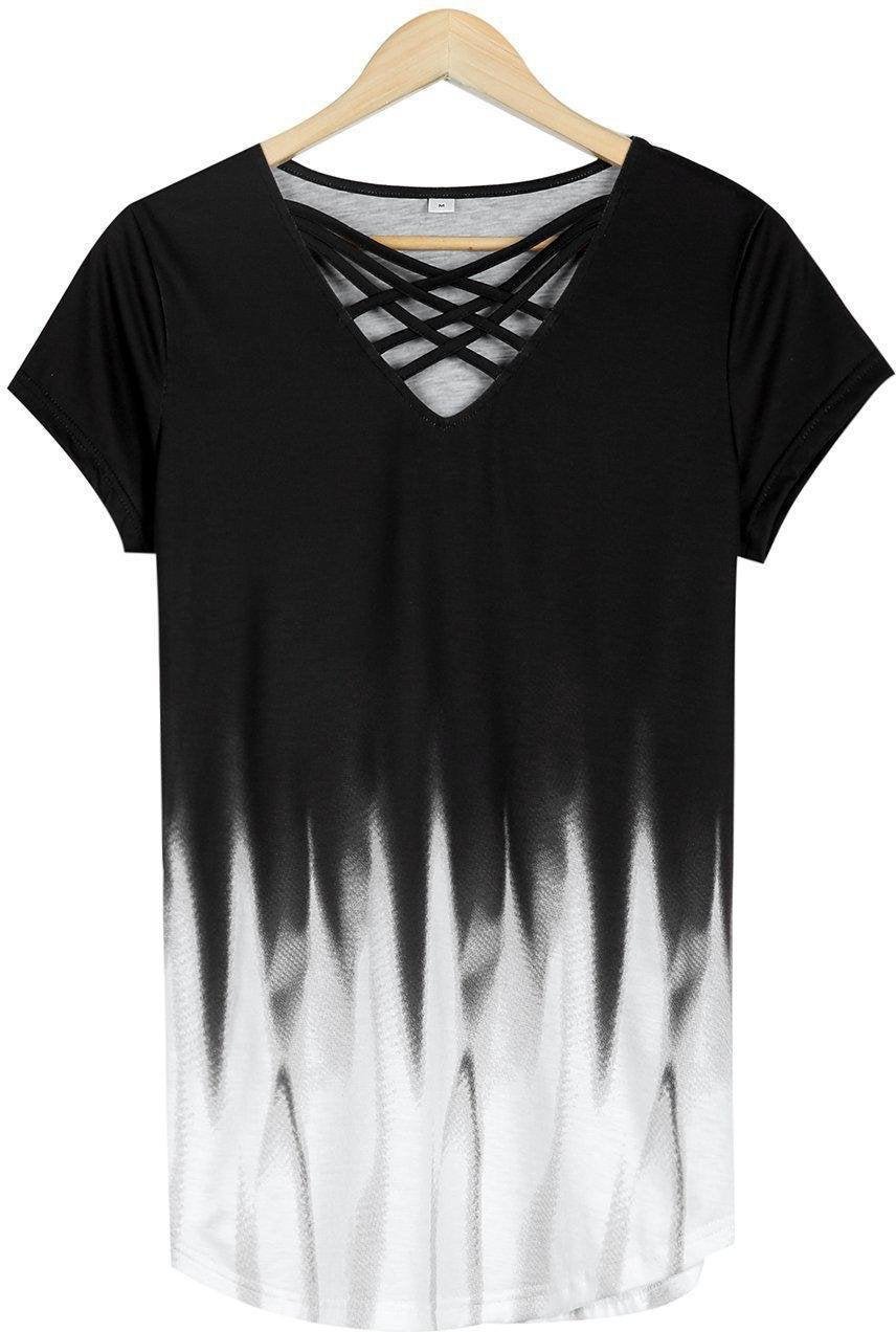 Strappy Caged Front V-Neck Ombre Shirt - DUVAL