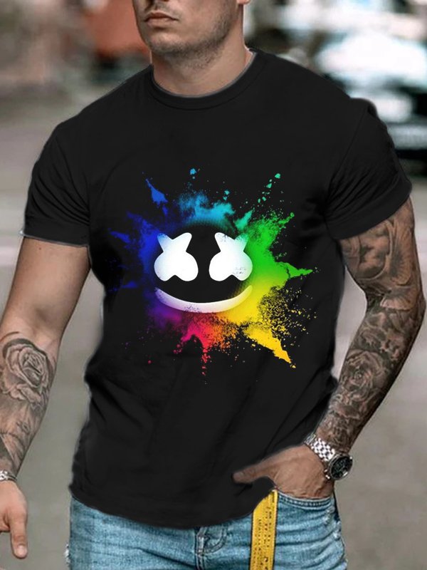 Men's Stylish Casual Black Emoticon Print Short Sleeve T-Shirt