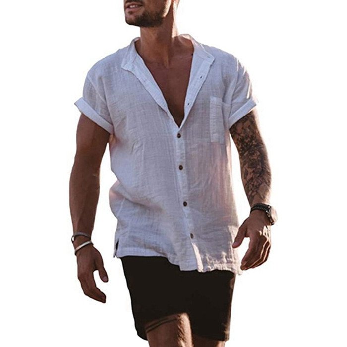 Men's Linen Loose Short Sleeve Pocket Simple Casual Shirt