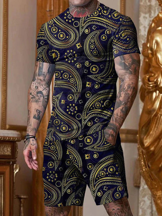 Men's Chic Casual Black Cashew Floral Print Round Collar Suit - DUVAL
