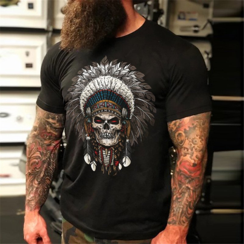 Skull Indian Men's Short Sleeve Style Head Dark Biker T-Shirt