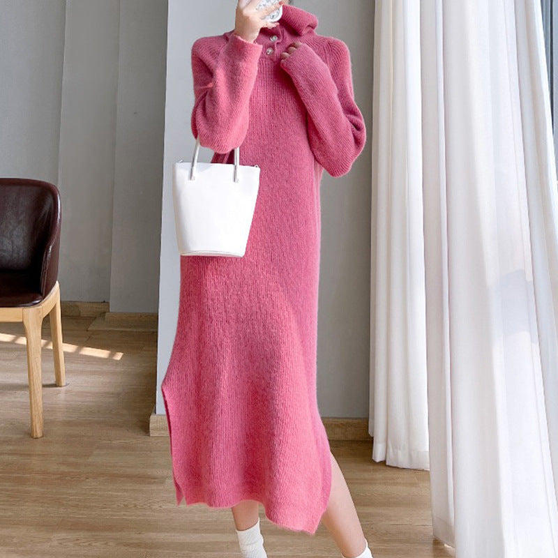 Two-wear autumn and winter loose slit knitted long dress with lapel collar