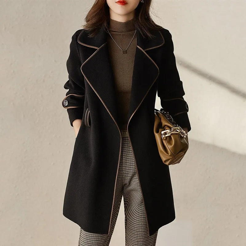 Autumn and winter mid-length slim fit tie woolen coat