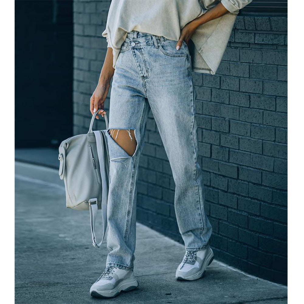 Versatile irregular ripped ripped casual denim trousers