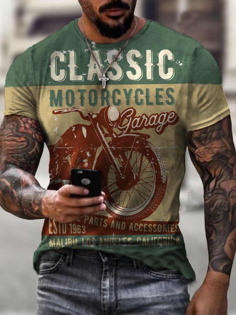 Mens Retro Motorcycle Riding Printed T-shirt - DUVAL