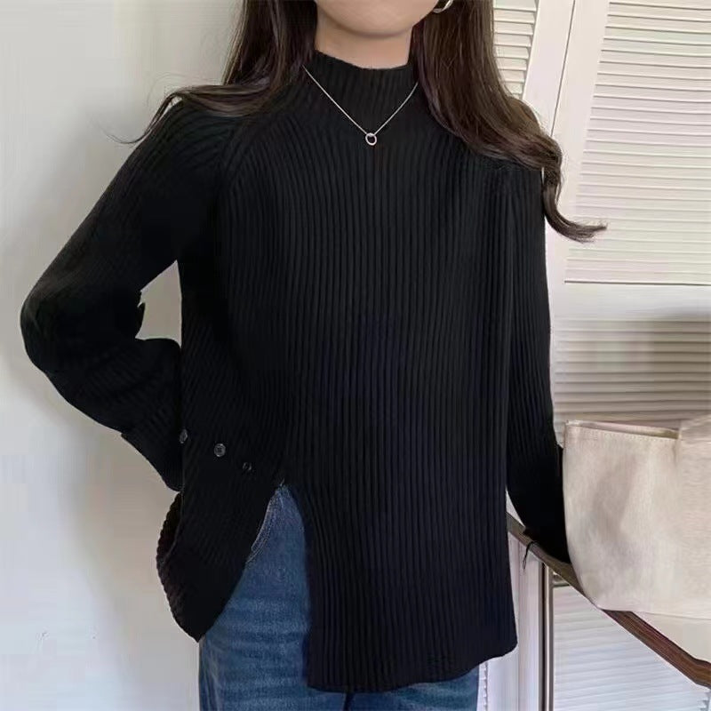 Half turtleneck slit pullover pit strip knitted top