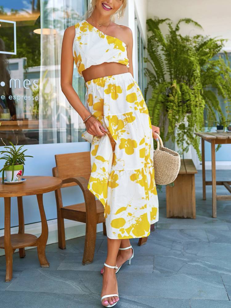 Printed Slanted Shoulder Top And Maxi Skirt Two-piece Set